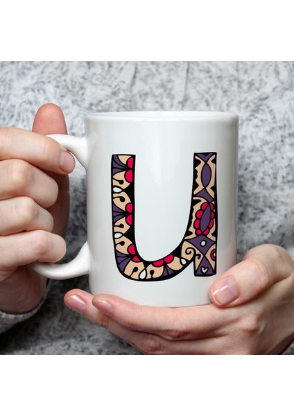 Etnik U Harf Baskılı Beyaz Kupa