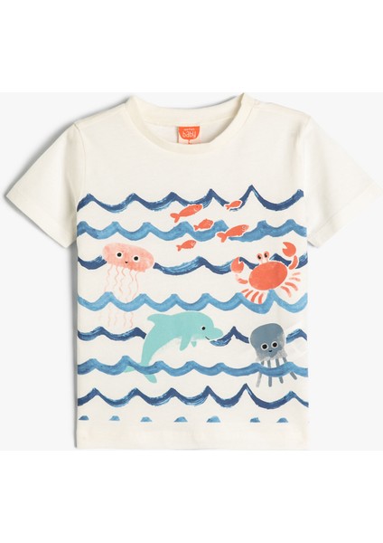 Kısa Kollu Tişört Marin Temalı Baskılı Bisiklet Yaka