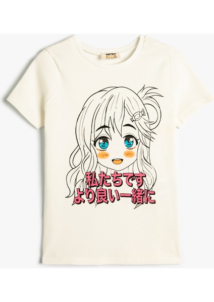 Crop Tişört Anime Baskılı Kısa Kollu Pamuklu