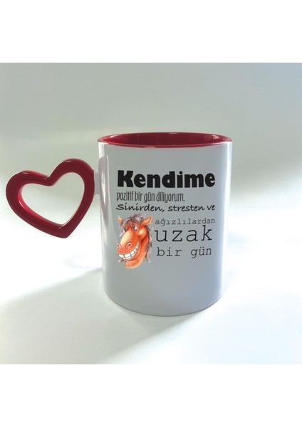 Kendime Pozitif Bir Gün Diliyorum Baskılı Kırmızı Boş Kalp Kulplu Mega Kupa
