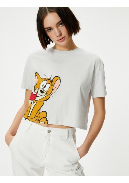 Crop Tom ve Jerry Tişört Lisanslı Kısa Kollu Bisiklet Yaka Pamuklu