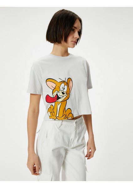 Crop Tom ve Jerry Tişört Lisanslı Kısa Kollu Bisiklet Yaka Pamuklu