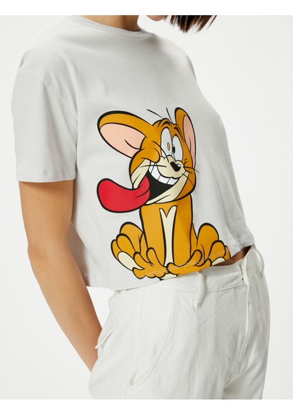 Crop Tom ve Jerry Tişört Lisanslı Kısa Kollu Bisiklet Yaka Pamuklu