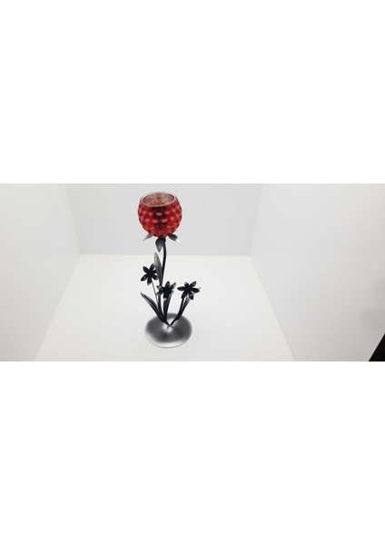 Tekli Kırmızı Renk Cam Başlıklı Metal Gövdeli Şamdan Mumluk