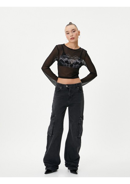 Tül Crop T-Shirt Baskılı Uzun Kollu Bisiklet Yaka fiyatları