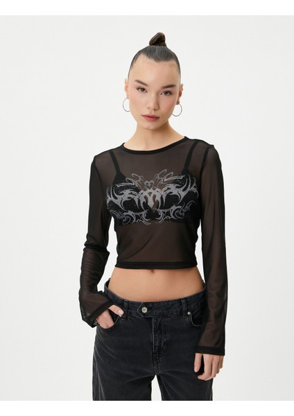 Tül Crop T-Shirt Baskılı Uzun Kollu Bisiklet Yaka modelleri