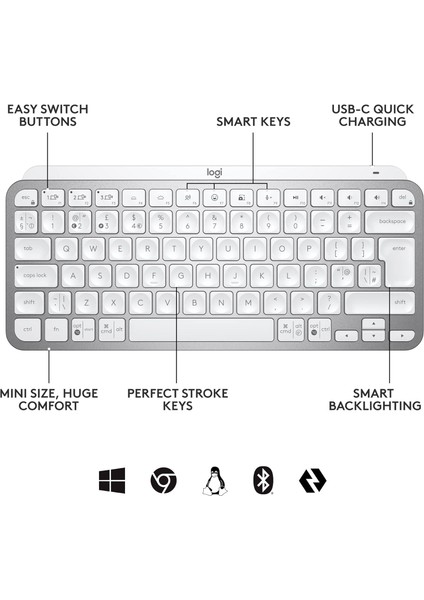 Mx Keys Mini Aydınlatmalı, Bolt Alıcılı, Şarj Edilebilir, Açık Gri, Kablosuz Klavye Ingilizce