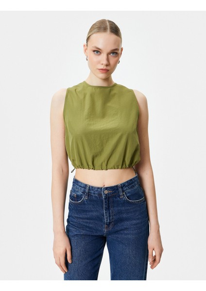 Crop Üst Paraşüt Kumaş Kolsuz Beli Lastikli