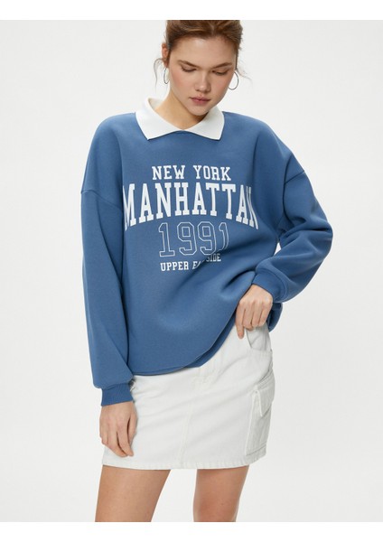 Oversize Polo Yaka Sweatshirt Kolej Temalı Baskılı Uzun Kollu