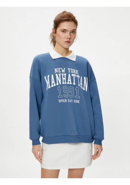 Oversize Polo Yaka Sweatshirt Kolej Temalı Baskılı Uzun Kollu