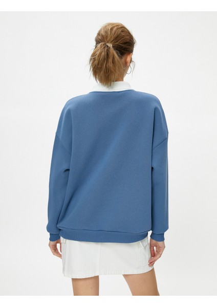 Oversize Polo Yaka Sweatshirt Kolej Temalı Baskılı Uzun Kollu