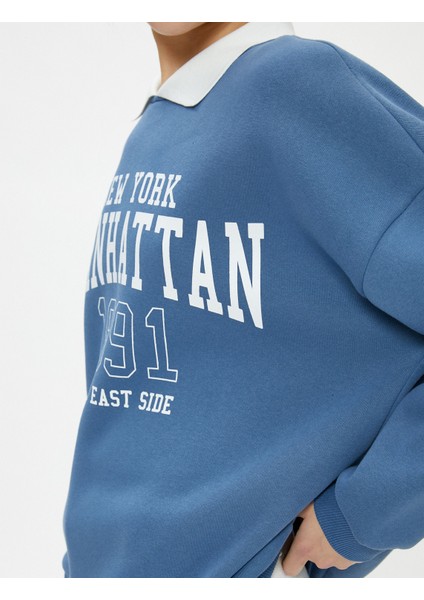 Oversize Polo Yaka Sweatshirt Kolej Temalı Baskılı Uzun Kollu