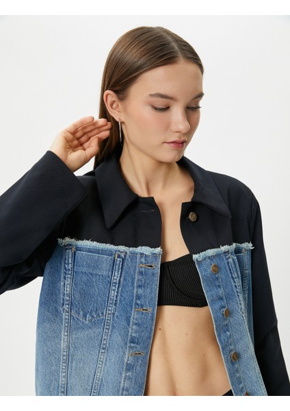 Kot Ceket Çift Kumaş Kullanımlı Renk Kontrastlı Cepli Düğmeli Rahat Kalıp