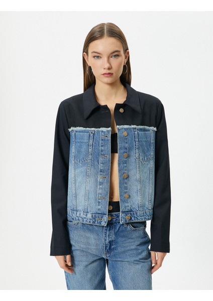 Kot Ceket Çift Kumaş Kullanımlı Renk Kontrastlı Cepli Düğmeli Rahat Kalıp modelleri