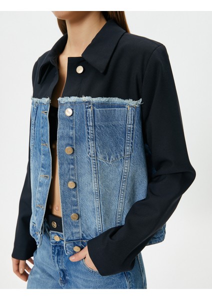 Kot Ceket Çift Kumaş Kullanımlı Renk Kontrastlı Cepli Düğmeli Rahat Kalıp indirimleri