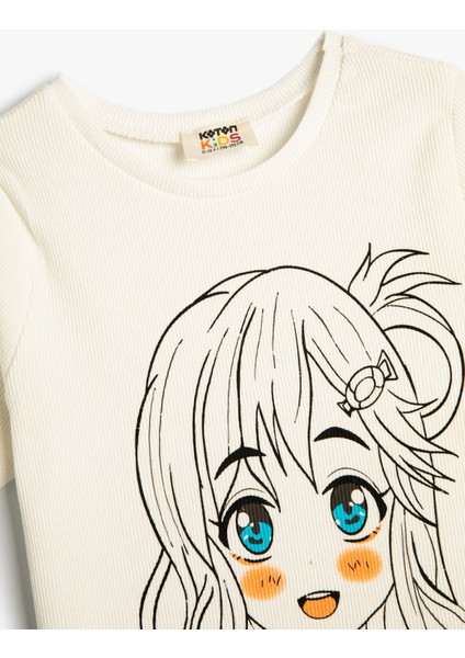 Crop T-Shirt Anime Baskılı Kısa Kollu Pamuklu