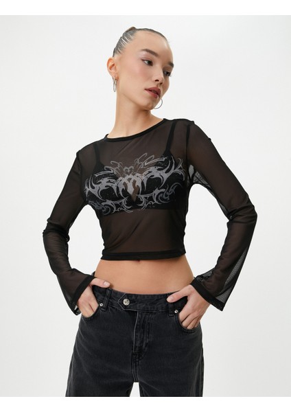 Tül Crop T-Shirt Baskılı Uzun Kollu Bisiklet Yaka