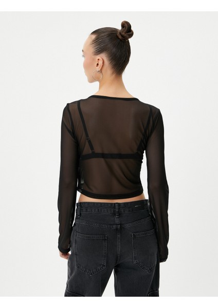 Tül Crop T-Shirt Baskılı Uzun Kollu Bisiklet Yaka fırsatları