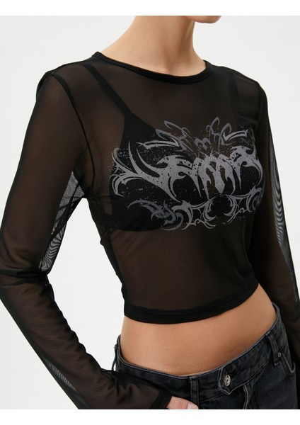 Tül Crop T-Shirt Baskılı Uzun Kollu Bisiklet Yaka indirimleri