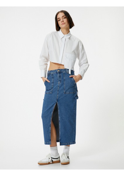 Uzun Kot Etek Önden Yırtmaç Detaylı Cepli Pamuklu