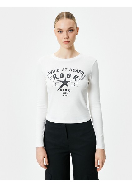 Uzun Kollu T-Shirt Slogan Baskılı Bisiklet Yaka Pamuklu modelleri