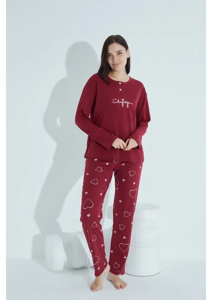 Kadın Düğmeli Desenli Pijama Takımı Yazılı Waynap 960