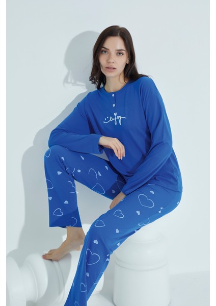 Kadın Düğmeli Desenli Pijama Takımı Yazılı Waynap 960