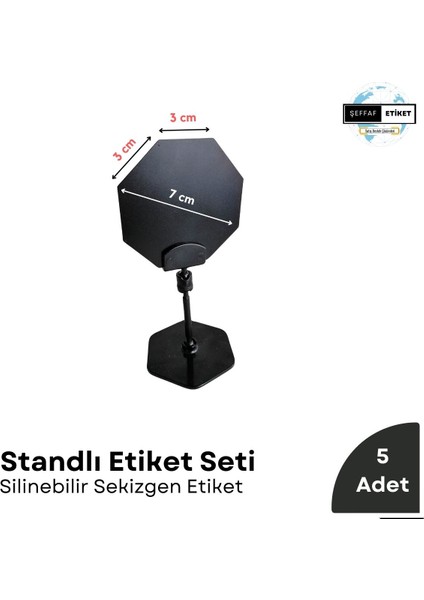 Şeffaf Etiket 5 Ad Standlı Etiket Tutucu ve Desenli Silinebilir Siyah Etiket Seti Vitrin Raf Ürün Etiket Set