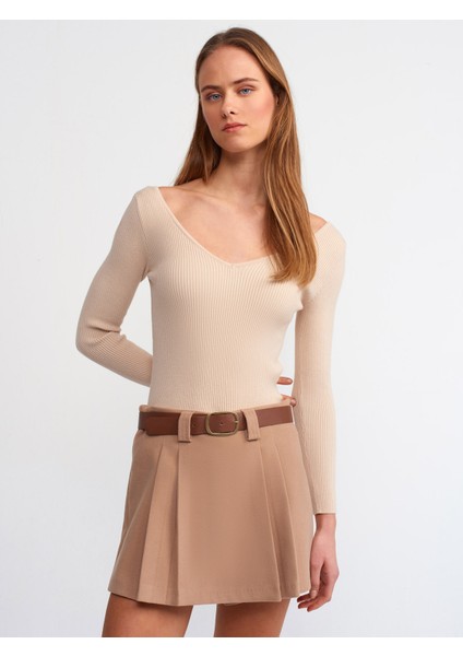 80830 Kemerli Duble Mini Şort Etek-Camel fırsatları