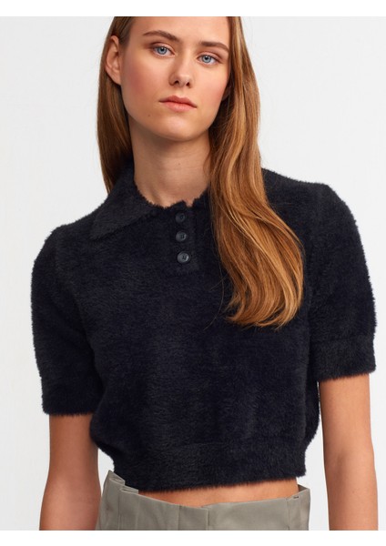 10475 Polo Yaka Düğmeli Yumuşak Dokulu Crop Kazak-Siyah