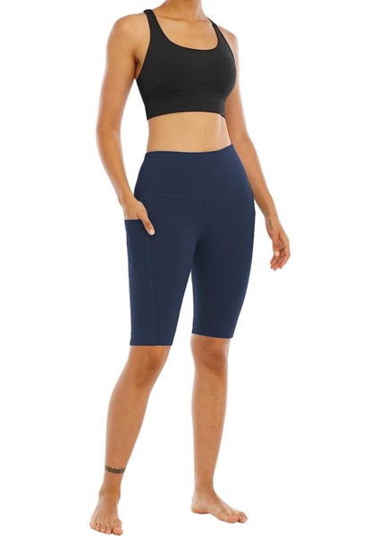 Kadın Yüksel Bel Toparlayıcı Çift Cepli Biker Şort Kısa Spor Tayt