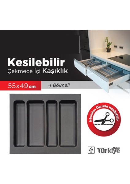 Bersa Chef 4 Bölmeli Çekmece Içi Düzenleyici Kaşıklık Kesilebilir Kepcelik 55X49 Organizer Mutfak