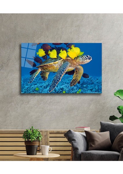 Deniz Kaplumbağası ve Balıklar Cam Tablo 36X23-MIYREM