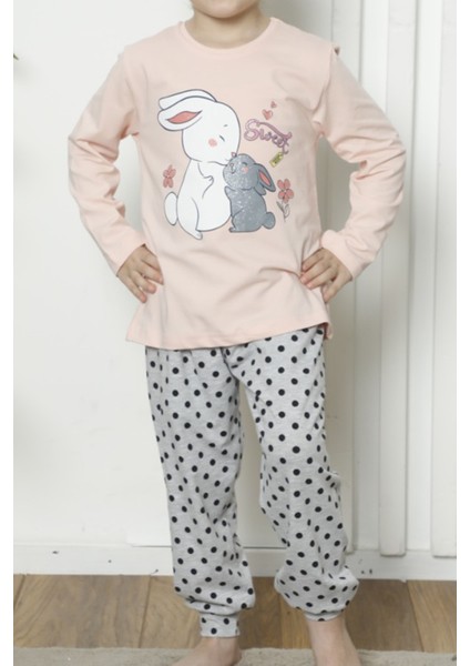 Kız Çocuk Uzun Kollu Pijama Takımı Pamuklu Likralı Somon