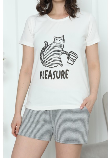 Kadın Şortlu Pijama Takımı Kısa Kollu Pamuklu Cepli Likralı Ekru fiyatları