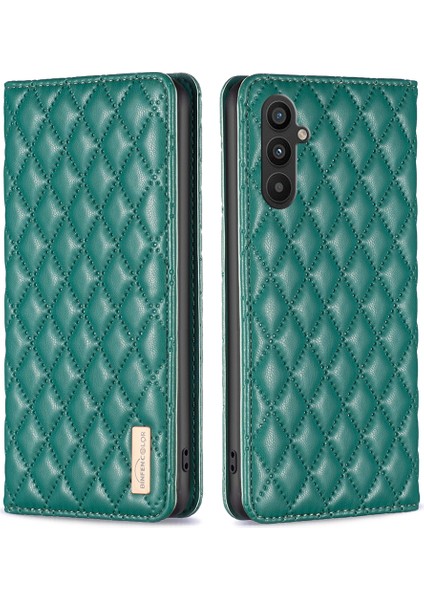 Samsung Galaxy A34 Için 5g Baskılı Rhombus Desen Folio Kitap Standı Pu Derisi Gizli Manyetik Emilim Kart Yuvaları Koruyucu Telefon Kılıfı (Yurt Dışından)