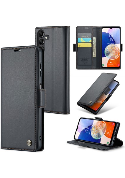 Samsung Galaxy A14 4g/5g Için Deri Litchi Doku Rfıd Engelleme Cüzdan Stand Black Telefon Kılıfı (Yurt Dışından)