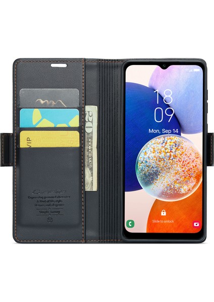 Samsung Galaxy A14 4g/5g Için Deri Litchi Doku Rfıd Engelleme Cüzdan Stand Black Telefon Kılıfı (Yurt Dışından)