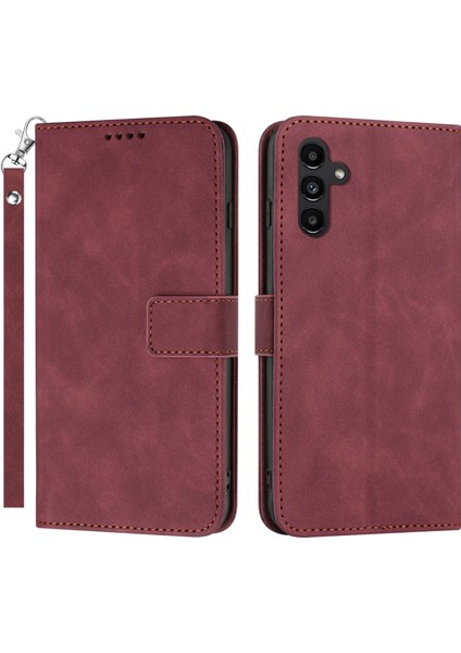 Samsung Galaxy A34 5g Pu Deri Strap-Wine Red ile Düz Renk Dokulu Cüzdan Stand Telefon Kılıfı (Yurt Dışından)