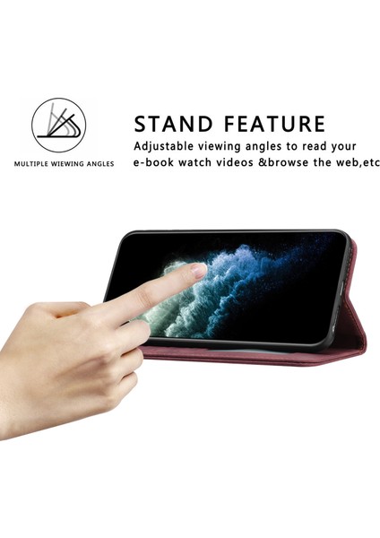 Samsung Galaxy A34 5g Pu Deri Strap-Wine Red ile Düz Renk Dokulu Cüzdan Stand Telefon Kılıfı (Yurt Dışından)