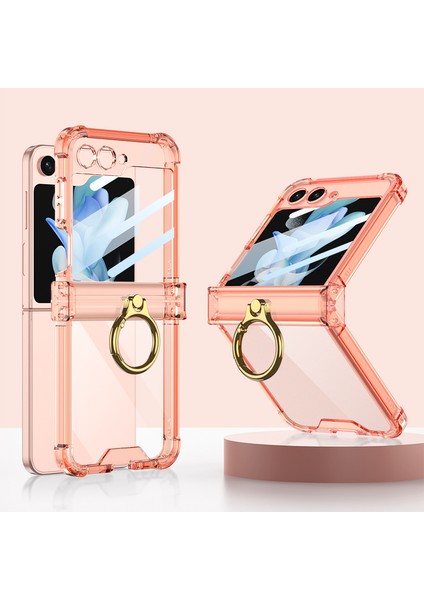 Samsung Galaxy Z Flip5 Için Gkk 5g Yüzük Kickstand Telefon Kasası Güçlendirilmiş Köşeler Tpu Temperli Cam Film-Şöhretli Turuncu ile Telefon Kılıfı (Yurt Dışından)