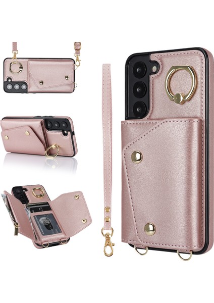 Samsung Galaxy S22 Için 5g Fermuar Cüzdan Döner Yüzük Kickstand Pu Deri Kaplamalı Tpu Kasa Ros Telefon Kılıfı (Yurt Dışından)