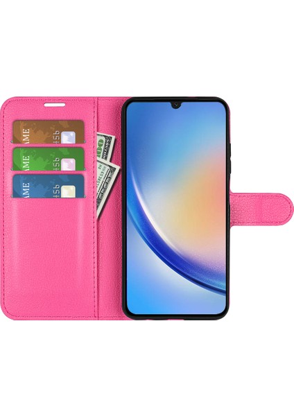 Samsung Galaxy A24 Için 4g Pu Deri Cüzdan Kabuğu Litchi Doku Flip Stand Gül Telefon Kılıfı (Yurt Dışından)