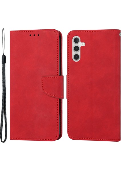 Samsung Galaxy A34 Için 5g Tam Koruma Koruma Düz Renk Deri Manyetik Stand Cüzdan Strap-Red ile Flip Telefon Kılıfı (Yurt Dışından)