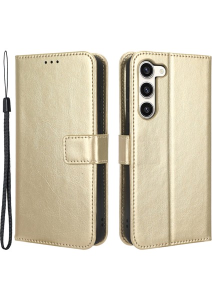 Samsung Galaxy S23 Çılgın At Dokusu Pu Deri Deri Flip Stand Strap-Gold ile Telefon Kılıfı (Yurt Dışından)