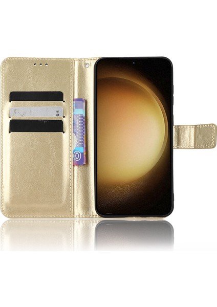 Samsung Galaxy S23 Çılgın At Dokusu Pu Deri Deri Flip Stand Strap-Gold ile Telefon Kılıfı (Yurt Dışından)