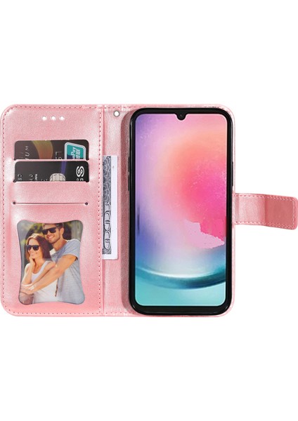 Samsung Galaxy A24 4g Çiçek Baskı Deri Stand Cüzdan Strap-Pink ile Telefon Kılıfı (Yurt Dışından)