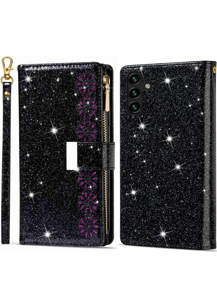 Samsung Galaxy A14 Için 5g Pu Deri Fermuar Cüzdan Stand Lazer Oyma Hafif Yıldızlı Tarz Kart Tutucu Koruyucu Kayış-Black Telefon Kılıfı (Yurt Dışından)