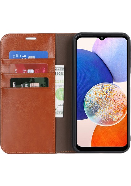 Samsung Galaxy A24 4g Çılgın At Doku Derecesi Anti-Drop Telefon Kasası Cüzdan Işığı ile Gerçek Inek Deri Telefon Kılıfı (Yurt Dışından)
