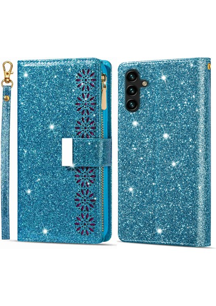 Samsung Galaxy A13 Için 5g Damla Geçirmez Telefon Kasası Fermuar Cüzdan Standı Pu Deri Flip Lazer Oyma Işıltılı Yıldız Tarzı Cep Telefonu Telefon Kılıfı (Yurt Dışından)